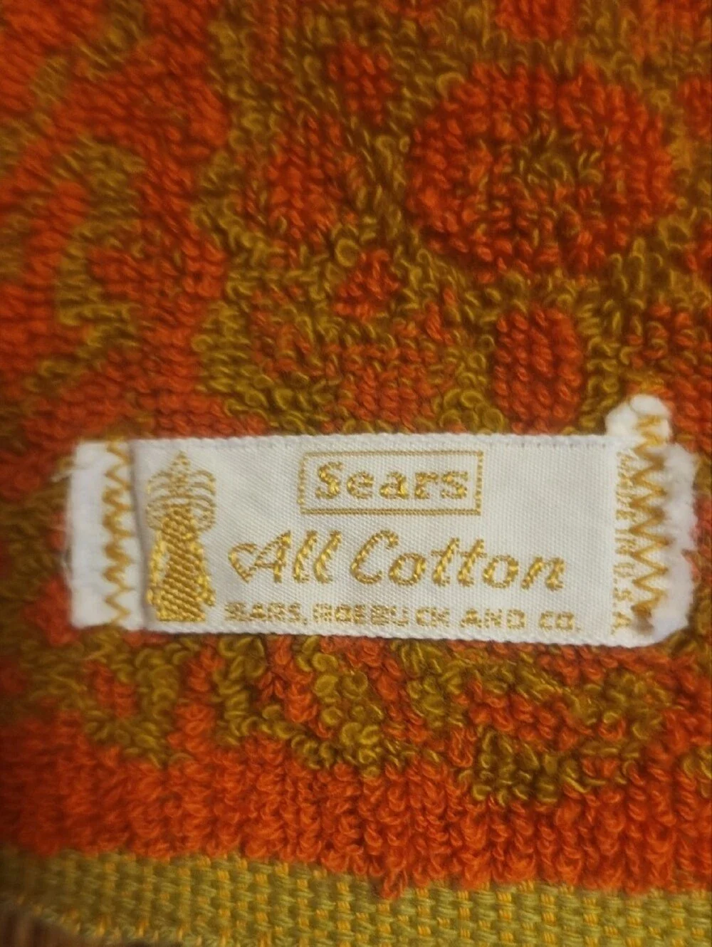 Vintage Floral Reddish Orange And 70s Green Bath Towel
